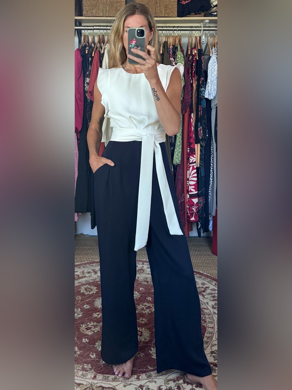 Phase Eight White Ruffle Navy Blue Belted Pocket Wide Leg Tailored Jumpsuit - Picture 3 of 16